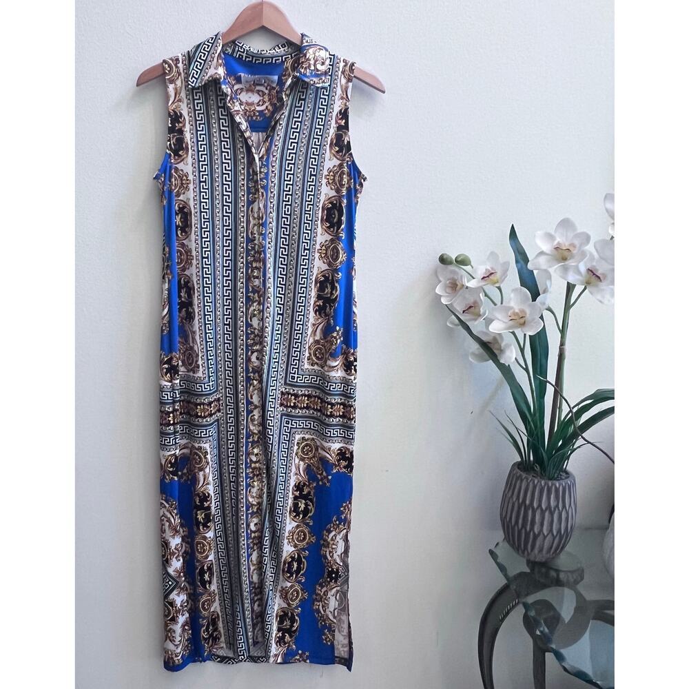 Emma and Michele Womens Geometric Blue Gold Front Button Midi Dress Sleeveless S